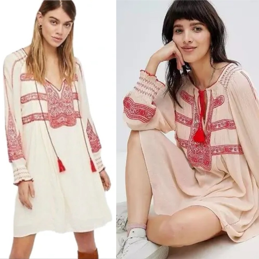 Free People Wind Willow Embroidered Tunic Shift Mini Dress Size Small Tassels‎